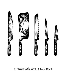 Vector hand drawn kitchen knives set. Chef's or butcher's tools illustration. Cutlery sketches collection for shop, butchery, restaurant, cafe etc. 