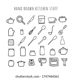 Artículos de cocina hechos a mano por vectores. Colección de herramientas de cocina.