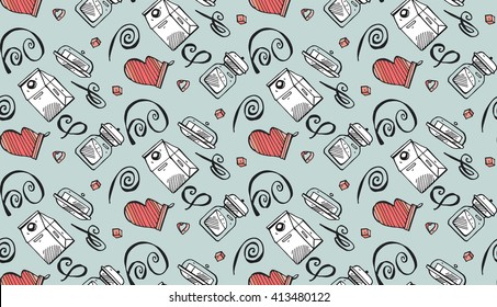 Vector hand drawn kitchen tools seamless pattern.Kitchen abstract bakery background.Swirls baking  pattern.Cooking illustration for packaging,wrapping,boxing,package and bundle.