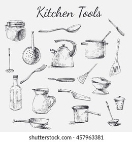 Vector hand drawn kitchen tools. Black and white vintage kitchen tools made with ink for your paper, polygraphy, fabric, web design