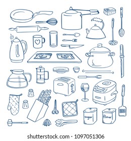 Vector hand drawn kitchen utensils doodle icons set illustration