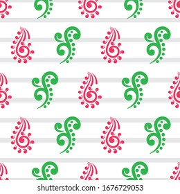 Vector hand drawn koru elements seamless pattern background on a white surface with grey color stripes
