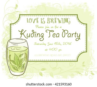 vector hand drawn kuding tea party invitation card, vintage frame, glass and leaves.