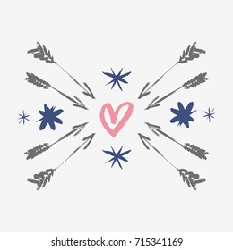 Vector hand drawn label, arrows and heart.