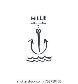 Vector hand drawn label, fleet, ocean, waves, sea, marine, navy, anchor, logo. Elements for design, print, postcard and other.