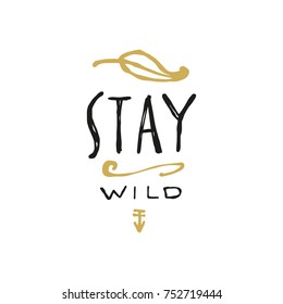 Vector hand drawn label, golden leaf, hippie style, branches, wild, logo. Elements for design, print, postcard and other.