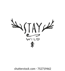 Vector hand drawn label, ink, hippie style, branches, wild, logo. Elements for design, print, postcard and other.