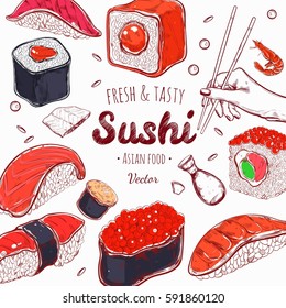 Vector hand drawn label for online Sushi delivery