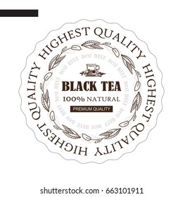 Vector hand drawn label, sticker, logo or paper tag for black tea. Ornate flourish frames, wave line. Art suitable for tea house design, table tent printing, drink list or restaurant menu