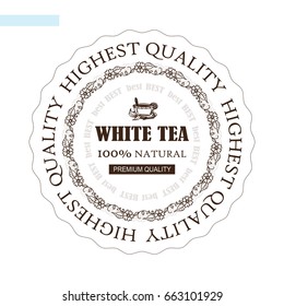 Vector hand drawn label, sticker, logo or paper tag for white tea. Ornate flourish frames, wave line. Art suitable for tea house design, table tent printing, drink list or restaurant menu