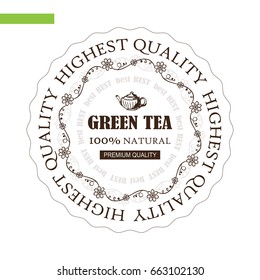 Vector hand drawn label, sticker, logo or paper tag for green tea. Ornate flourish frames, wave line. Art suitable for tea house design, table tent printing, drink list or restaurant menu