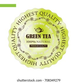 Vector hand drawn label, sticker, logo or paper tag for green tea. Ornate flourish frames on green watercolor background. Art suitable for tea house design, table tent, drink list or restaurant menu