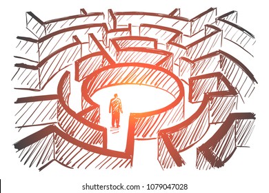 Vector hand drawn labyrinth concept with man standing in the center of maze and pencil over sketch