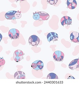 Vector hand drawn lil’ ladybugs with their own big personalities on spotty pink and white background
