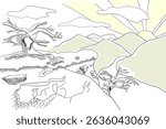 Vector hand drawn landscape illustration. View from a grassy cliff with a doe tree to the mountains and valley. Hand drawing, nature, landscape. Rising sun behind the mountains and sky with clouds.
