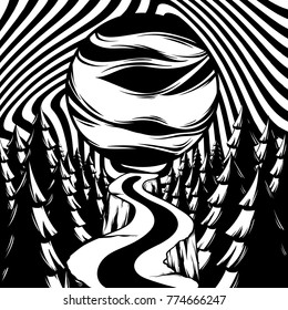 Vector hand drawn landscape with planet, empty road leading to horison between trees and illusion . Surreal hand sketched artwork. Template for card, poster, banner, print for t-shirt, textiles. 