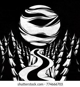 Vector hand drawn landscape with planet, empty road leading to horison between trees. Surreal hand sketched artwork. Template for card, poster, banner, print for t-shirt, textiles.