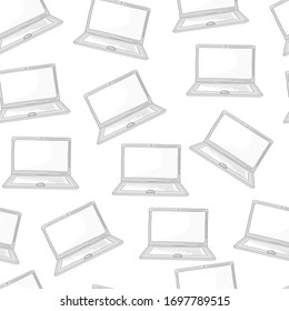 Vector hand drawn laptop on white pattern. Seamless background. Outline illustration