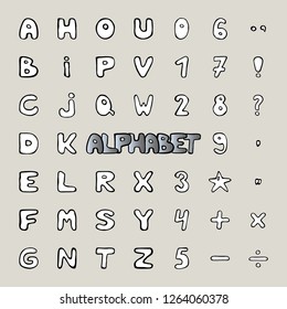 Vector hand drawn latin alphabet, numbers and symbols. Child style alphabet with capital letters.  Letters outline in black color with white filling.