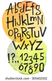 Vector hand drawn latin alphabet, numbers and punctuation marks with watercolor background