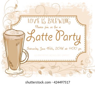 vector hand drawn latte party invitation card, vintage frame, glass and leaves.