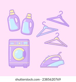 vector hand drawn laundry things washing machine detergent hanger iron illustration