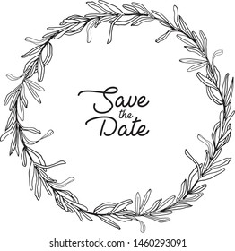 Vector hand drawn laurel wreath isolated on white. Elegant round border of leaves and branches. Perfect for wedding stationery, invitation, greeting card, quote, social media, poster