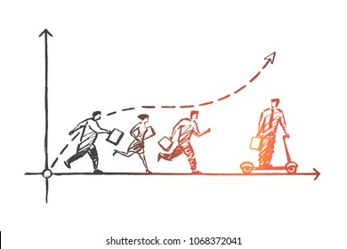 Vector hand drawn Leader concept sketch. Business man riding skateboard and going from running people behind.