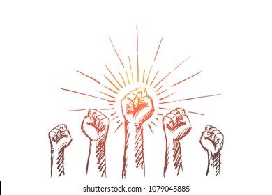 Vector hand drawn Leaders concept sketch with raised hands and strongly clenched fists