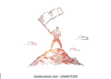 Vector hand drawn Leadership concept sketch. Man standing at top of hill and waving flag.