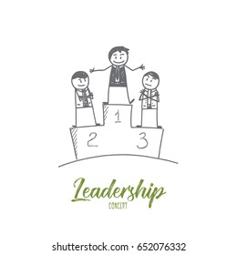 Vector hand drawn Leadership concept sketch. Business people standing on podium and looking at leader
