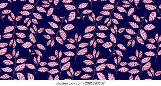 Vector hand drawn leaf stem seamless pattern. Creative, stylized abstract simple pink leaves branches dark print. Template for design, textile, fashion, print, surface design, fabric, interior decor