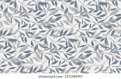 Vector hand drawn leaves branches intertwined in a seamless pattern. Monotone grey leaves stems background. Abstract, artistic, nature leaf print. Template for design, fashion, fabric, wallpaper