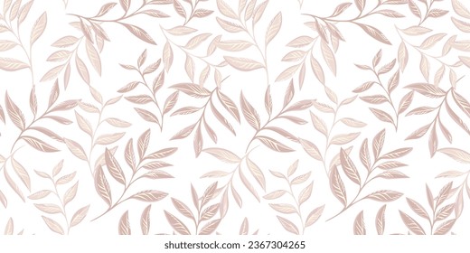 Vector hand drawn leaves  intertwined in a seamless pattern on a light beige background. Creative, artistic, simple, pastel, tropical leaves. Template for textile, fashion, print, fabric