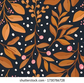 Vector hand drawn leaves seamless pattern. Abstract trendy floral background. Repeatable texture.
