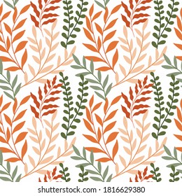 Vector hand drawn leaves seamless pattern. Abstract trendy floral background. Repeatable texture.