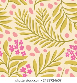 Vector hand drawn leaves seamless pattern. Abstract trendy floral background. Repeatable texture.