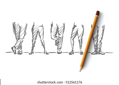 Vector hand drawn leg concept sketch and pencil over it. Different male and female legs with various positions