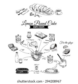 Vector hand drawn lemon cake illustration. Sketch. Simple lemon cake recipe.