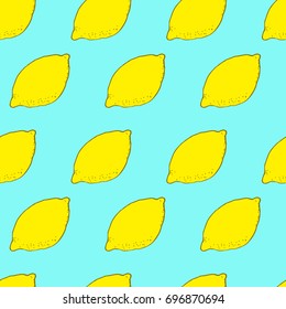Vector hand drawn lemon seamless pattern on turquoise blue background. Tropic style sketch kids summer doodle for food design, restaurant, cafe, wrapping paper, health care products, fruits market.