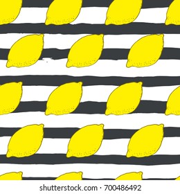 Vector hand drawn lemon seamless pattern, ink watercolor stripes background. Tropic style sketch kid summer doodle, food design, restaurant, cafe, wrapping paper, health care products, fruits market.