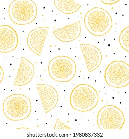 Vector hand drawn lemon slices seamless pattern print background.