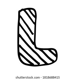 Letra L dibujada a mano por vectores. Coloridos ABC ingleses. Diseño tipográfico simple de letra mayúscula latina con rayas. Dibujo infantil. Plantilla para banner, afiche, tarjeta de saludo, imprimir