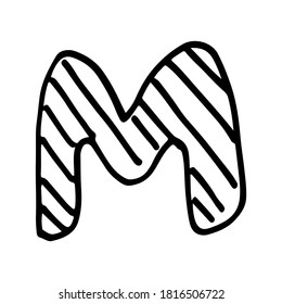Vector hand drawn letter M. Colorful English ABCs. Simple typographic design of Latin capital letter with stripes. Childish drawing. Template for banner, poster, greeting card, print