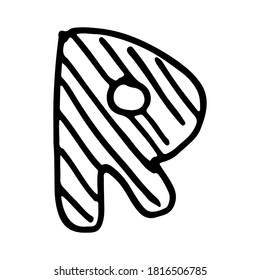 Letra R dibujada a mano por vectores. Coloridos ABC ingleses. Diseño tipográfico simple de letra mayúscula latina con rayas. Dibujo infantil. Plantilla para banner, afiche, tarjeta de saludo, imprimir