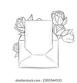 Vector Hand Drawn Letter with Roses in Engraving Style. Isolated on White Background. Hand Drawn envelope mail icon in vintage style. Message template.