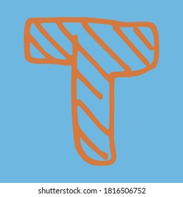 Letra T dibujada a mano por vectores. Coloridos ABC ingleses. Diseño tipográfico simple de letra mayúscula latina con rayas. Dibujo infantil. Plantilla para banner, afiche, tarjeta de saludo, imprimir