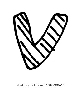 Letra vectorial manuscrita V. Coloridas ABC inglesas. Diseño tipográfico simple de letra mayúscula latina con rayas. Dibujo infantil. Plantilla para banner, afiche, tarjeta de saludo, imprimir