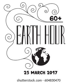 Vector hand drawn lettering, black on white background. Retro style calligraphy for Earth hour. For greeting card, logo, badge, print, poster, party design.