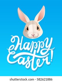 Vector hand drawn lettering with bunny happy easter greeting card 